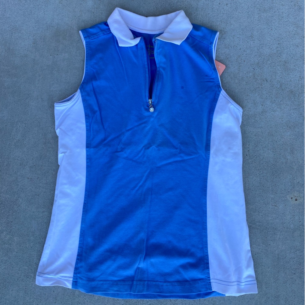 Allyson Whitmore Two-Tone Blue and White Tank Top with diamond zipper.